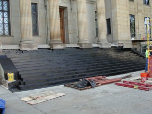 Crumbling stone stairs before masonry repairs are done