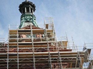 Scaffolding in place for masonry restoration project in Rochester, NY